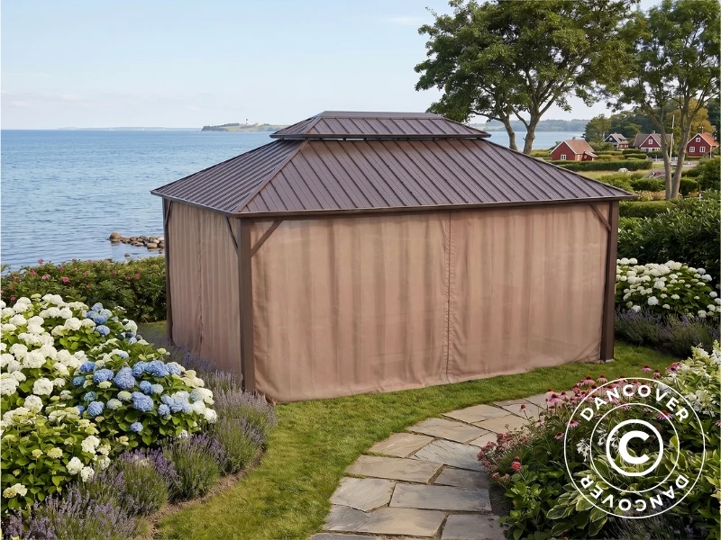 Paviljong Santa Fe Steel+ med gardiner og myggnett, 3,65x4,85m, Brun - Image 4