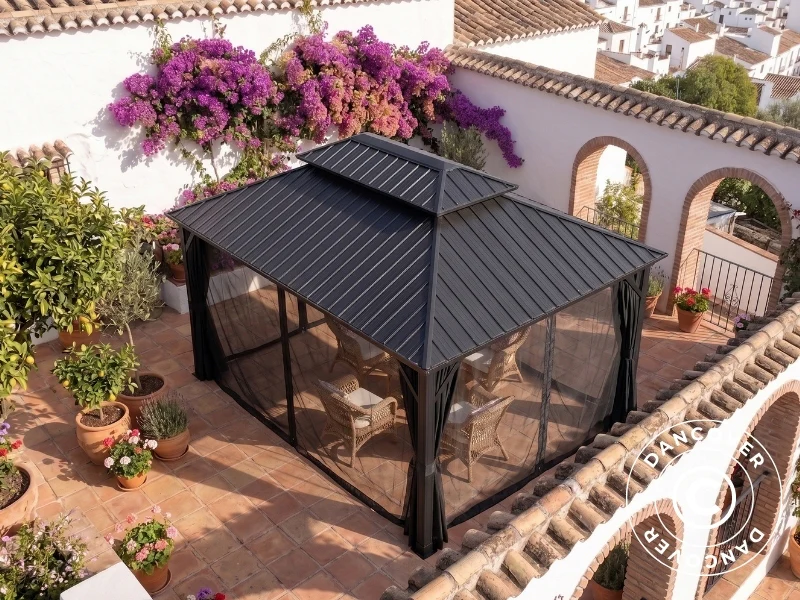 Paviljong Santa Fe Steel+ med gardiner og myggnett, 3x4,25m, Svart - Image 3