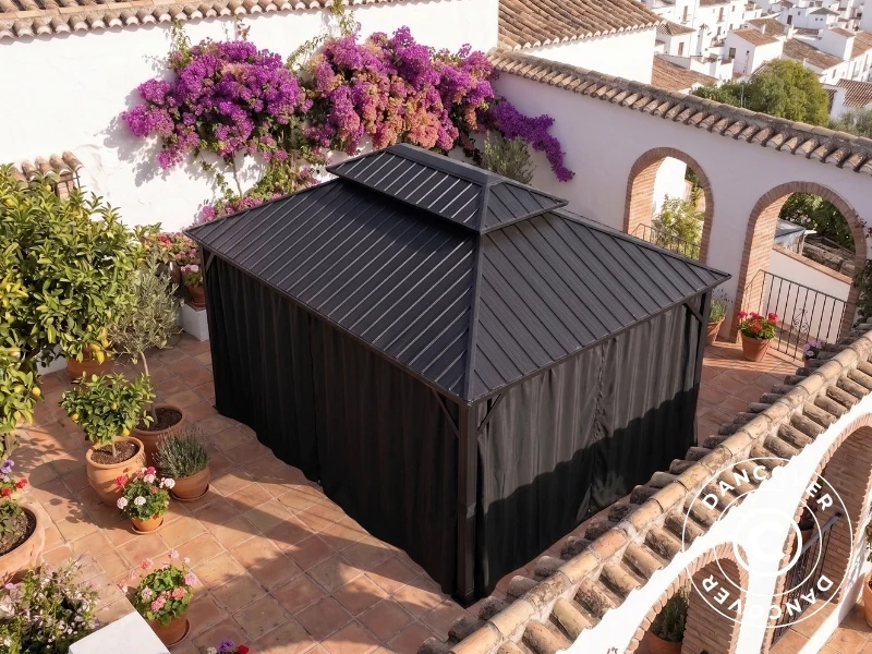 Paviljong Santa Fe Steel+ med gardiner og myggnett, 3x4,25m, Svart - Image 4