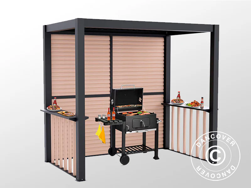 Pergola San Juan for grill, med lamellvegger og sider, 2,5x1,5x2,3m, Svart/Tre-look - Image 6