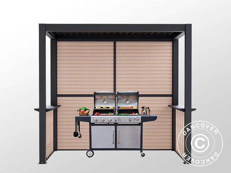 Pergola San Juan for grill, med lamellvegger og sider, 2,5x1,5x2,3m, Svart/Tre-look - Image 8