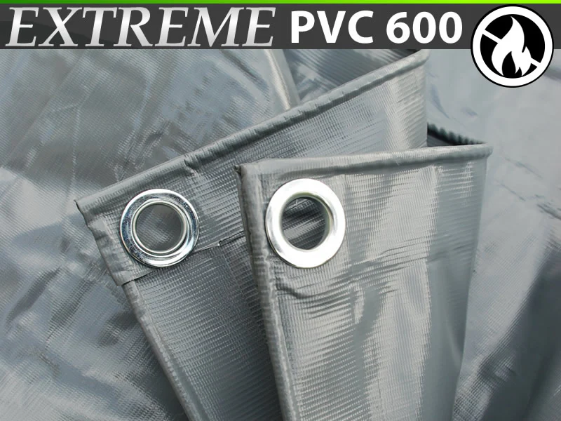Presenning 6x10m, PVC 600g/m², Grå, Flammehemmende