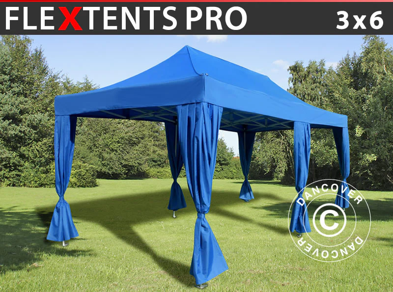 Quick-up telt FleXtents PRO 3x6m Blå, inkl. 6 dekorative gardiner