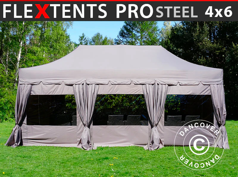 Quick-up telt FleXtents PRO Steel "Peaked" 4x6m Latte, inkl. 8 sider & dekorative gardiner