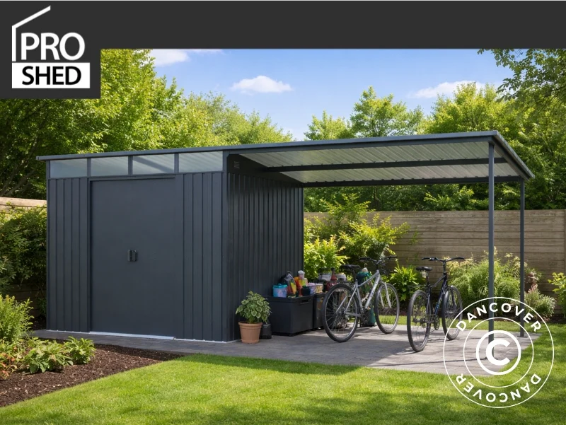 Redskapsbod m/takvindu + overbygg, 4,74x1,93x2,02m, 9,15m², ProShed®, Antrasitt