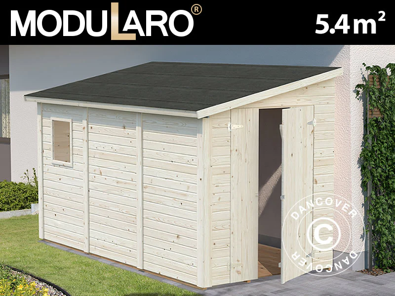 Redskapsbod mot vegg i tre m/vindu 1,65x3,32x2,1m, 5,4m², naturlig