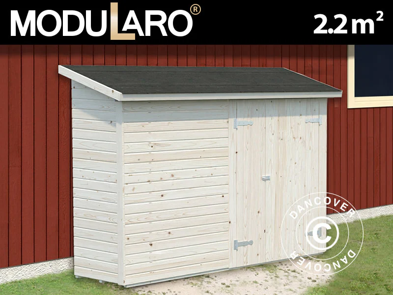 Redskapsbod mot vegg laget av tre, 2,34x0,95x1,89m, 2,2m², naturlig