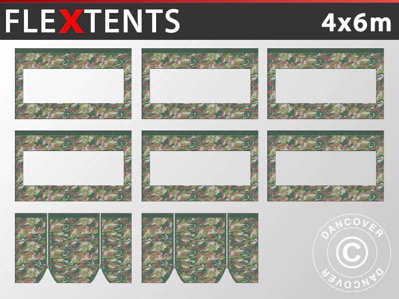 Sidevegg Sett for Quick-up telt FleXtents 4x6m, Kamuflasje
