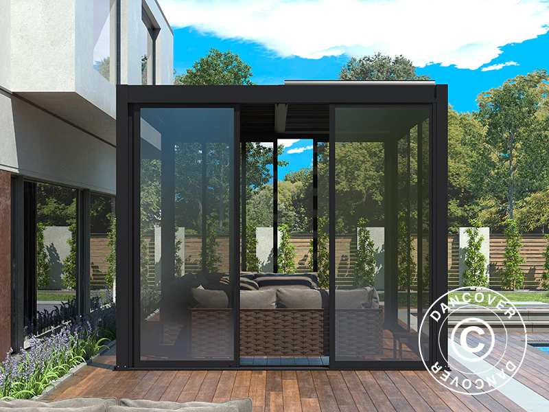 Skyvedørsett m/glass til pergola San Pablo, 3m, Svart - Image 3
