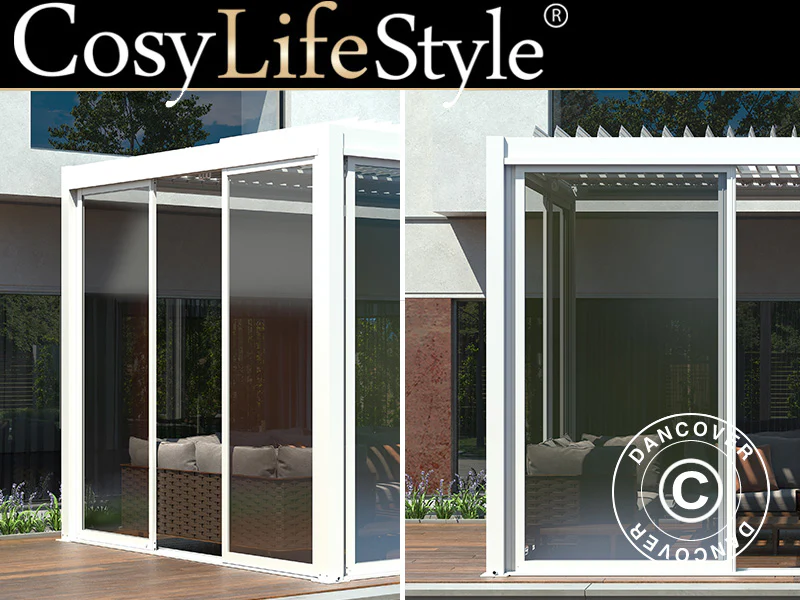 Skyvedørsett m/glass til pergola San Pablo, 4m, Hvit