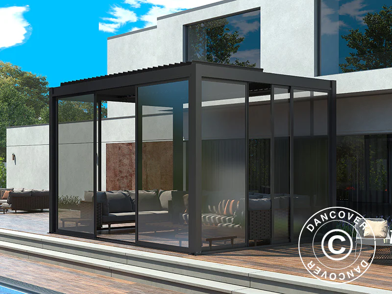 Skyvedørsett m/glass til pergola San Pablo, 4m, Svart - Image 5