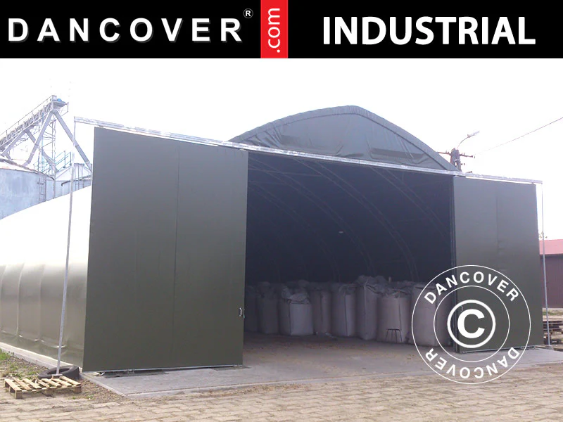 Telthall, rundbuehall 12x16x5,88m m/skyveport, PVC, Grønn - Image 10