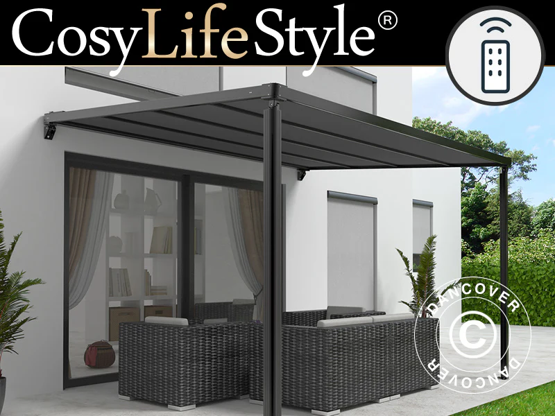 Terrassetak, veggmontert pergola Santa Ynez, 4x3m, Svart/Mørkegrå